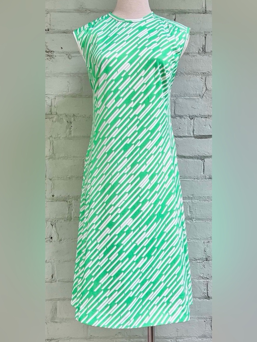 Vintage Green and White Diagonal-Print Maxi Dress